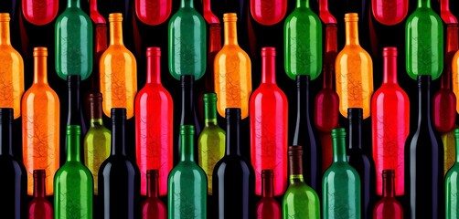 Abstract seamless pattern of black and colored wine bottles , geometric, lines