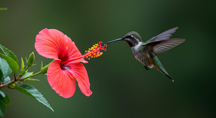 Naklejka premium Hummingbird Hovering Near Vibrant Red Hibiscus Flower in Nature