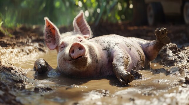 happy pig rolling in a fresh mud bath under a shaded area