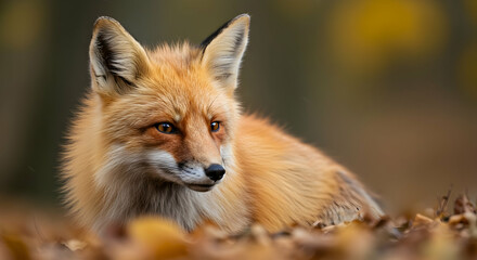 Fototapeta premium Majestic Red Fox Relaxing in Autumn Leaves, Nature Close-Up