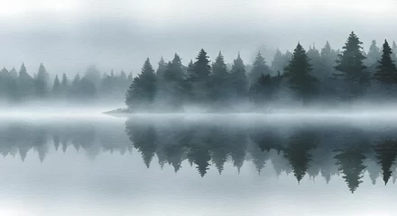 Acrylic prints Misty Forest Reflection Over Calm Water in Serene Nature Setting