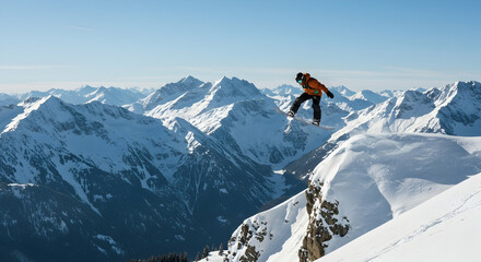 Snowboarder Jumping Off a Mountain Ridge in Bright Winter Landscape