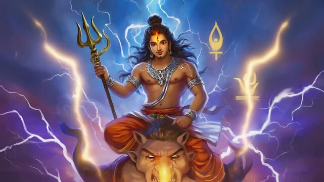 Powerful animation of Lord Shiva holding a trident and with a snake. Ideal for Hindu mythology and strong deity visuals.