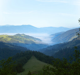 The Misty Carpathian mountain range in the morning.