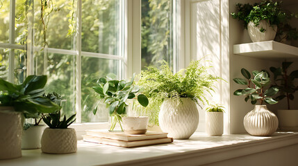 Fototapeta premium Sunny windowsill with various potted green indoor plants and natural light streaming through