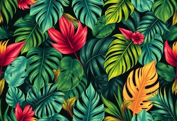 Naklejka premium Abstract tropical grunge monstera and palm leaves seamless vector pattern, perfect for textile and web design, foliage, print