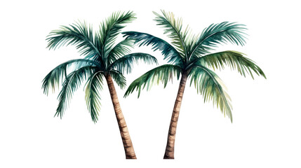 Watercolor pair palm tree, fronds, trunk texture, cut out transparent