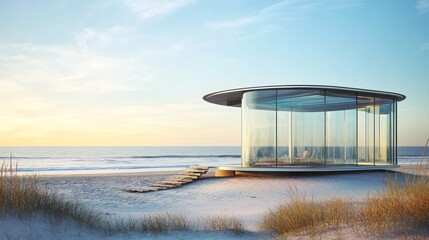 Modern glass pavilion on a beach at sunset.  A tranquil, secluded, architectural structure, showcasing clean lines and panoramic ocean views.  
