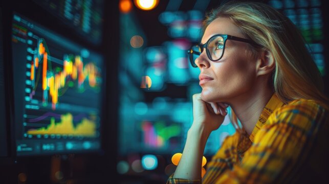 Young adult Caucasian female wearing eyeglasses and yellow plaid shirt resting chin on hand while analyzing financial stock chart graphs on large monitor inside dark modern office with trading setup.