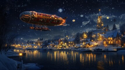 Fototapeta premium A magical Christmas eve airship over a winter wonderland.