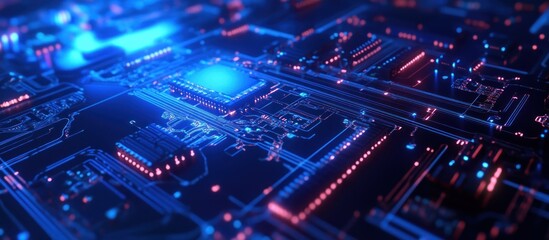 Obraz premium Abstract Circuit Board: Glowing Neon Blue and Red Digital Technology