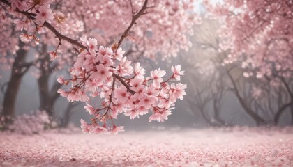 Obraz premium Soft pink sakura petals gently descend, creating a dreamy spring scene , sakura, bloom, peaceful