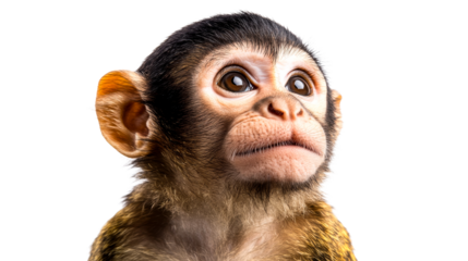 Young primate looks upwards with hopeful expression, cut out transparent
