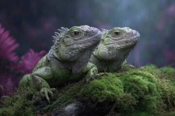 Obraz premium Two Green Iguanas Resting on Moss