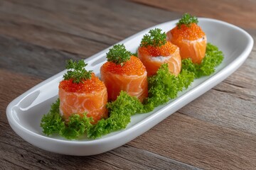 Salmon Rolls with Caviar and Lettuce on White Plate