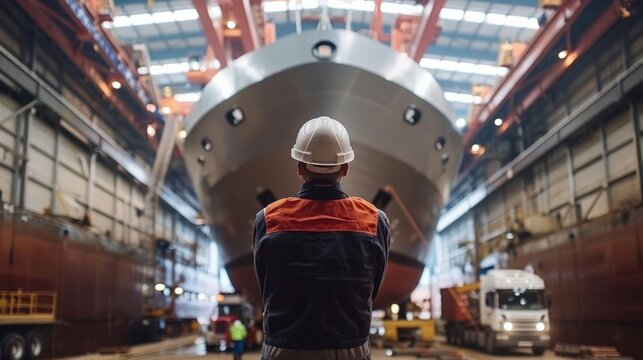 Massive container ship docked at busy industrial port as cranes lift shipping containers. Logistics workers oversee freight operations, ensuring smooth cargo handling.
