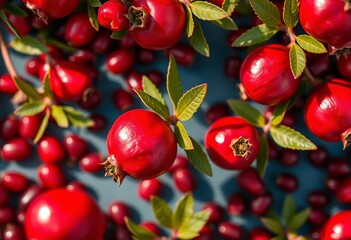 Obraz premium Abundant ruby pomegranate seeds scattered overhead, jewel-toned and glistening, botanical, natural