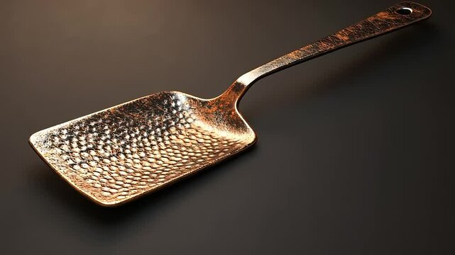 Close-up of a beautifully crafted copper spatula resting on a dark surface, showcasing its intricate texture