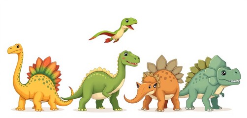 Obraz premium Adorable cartoon flat dinosaurs; Stegosaurus, Pteranodon, Brontosaurus, Velociraptor, Brachiosaurus, Triceratops Isolated white background, brachiosaurus, cartoon