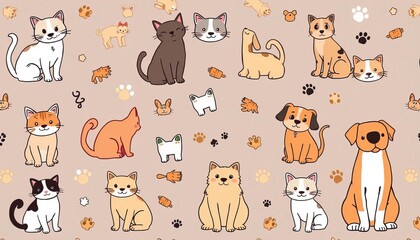 Adorable cat and dog doodle patterns in various breeds and poses Perfect for pet-themed products, vector, adorable