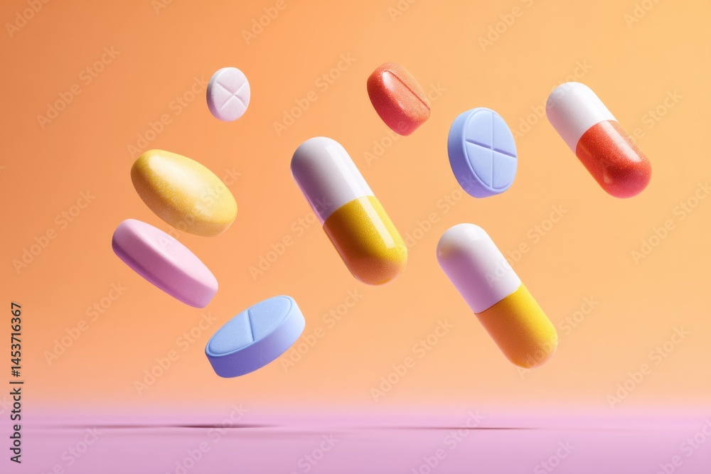 Poster creative floating tablets poster concept showcasing a range of pharmaceutical products against a vib
