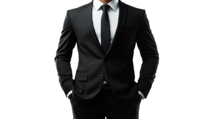 Torso of man in black suit, white shirt, black tie, cut out transparent