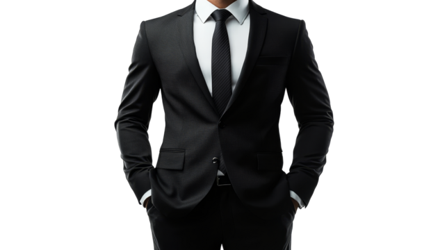 Torso of man in black suit, white shirt, black tie, cut out transparent
