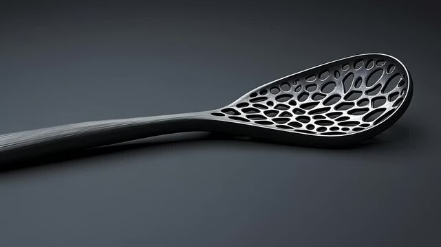 Close-up of a modern, intricately designed kitchen utensil on a dark surface, showcasing unique patterns
