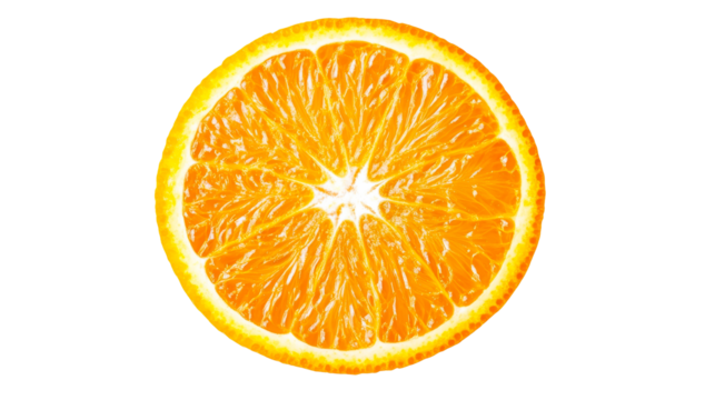 Close up of orange slice, vibrant juicy texture, cut out transparent