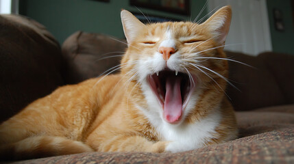 Relaxed orange cat yawning widely on a cozy brown sofa looking content and at home indoors