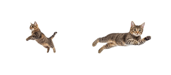 Tabby cat mid-air, in jumping and reaching positions. cut out transparent