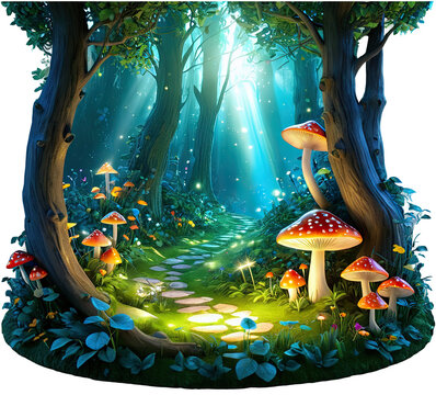 Enchanted forest path illuminated by ethereal light with whimsical mushrooms at twilight atmosphere