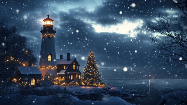 Snowy winter night scene with a lighthouse and Christmas tree.