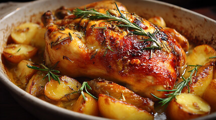 Delicious roasted chicken with rosemary and potatoes in a rustically styled oven baking dish view