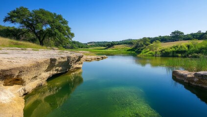 Fototapeta premium Serene Lake with Clear Water and Green Trees