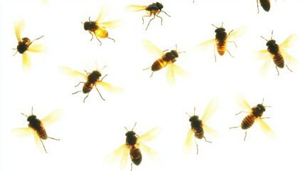 Multiple honeybees in flight against a white background.