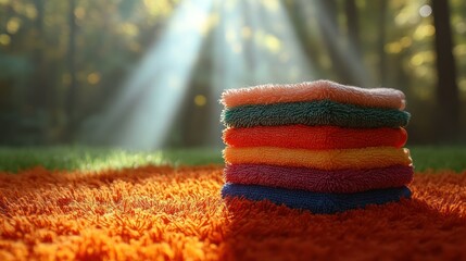 Colorful towels stacked on a textured carpet outdoors in sunlight