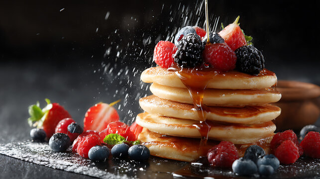 Stack of pancakes drenched in syrup topped with fresh berries and sprinkled with powdered sugar - Powered by Adobe