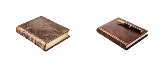 Old vintage books and fountain pen set side by side. cut out transparent