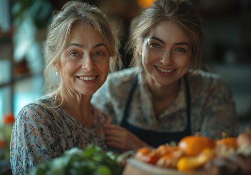 A nurse in blue scrubs helps an elderly woman in their cozy living room, both smiling happily at the camera with a soft-focus background enhancing the warmth.