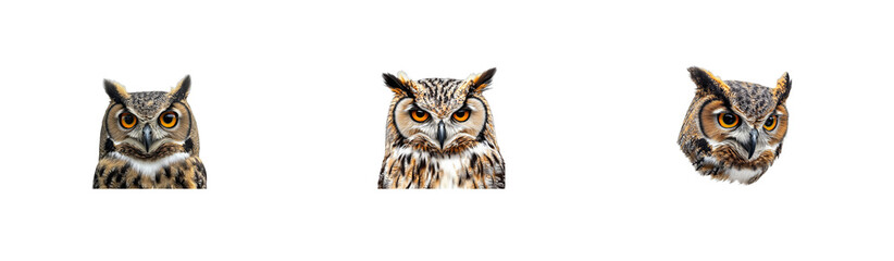 Three owl headshots with intense gaze and detailed feathers. cut out transparent