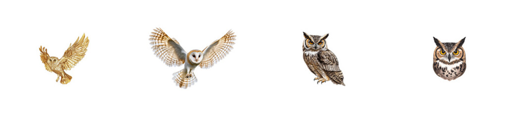 Obraz premium Variety of owls in flight and perched positions. cut out transparent