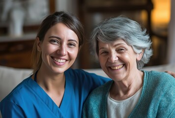 A blonde nurse in blue scrubs and an elderly woman in a brown sweater and white shirt smile together on a couch, symbolizing compassionate home care for senior citizens in a warm, homely environment.