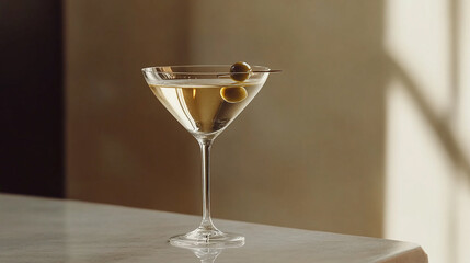 Martini glass with olives elegant drink on table