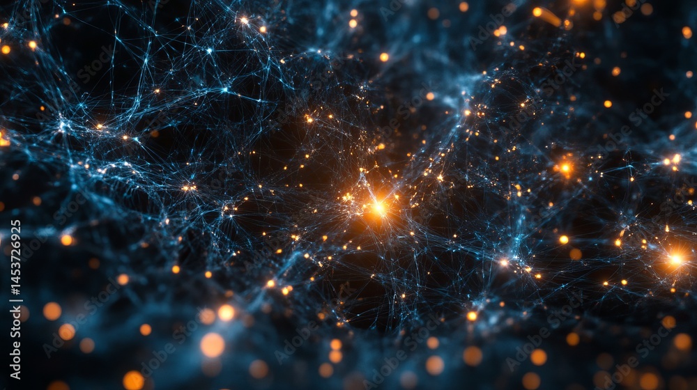 Wall mural abstract blue and orange network digital connections background web art data mesh dots light space