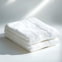 Soft, neatly folded white towels on a bright surface with gentle light casting shadows