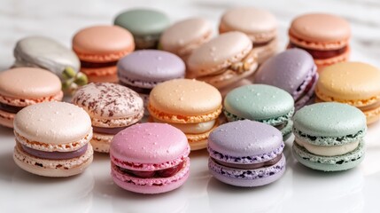 Obraz premium Colorful assortment of macarons on a marble surface with soft natural lighting