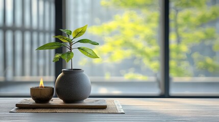 A simple yet elegant green plant in a clear glass vase set against a minimalistic background