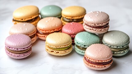 Obraz premium Colorful assortment of macarons arranged artistically on a marble surface