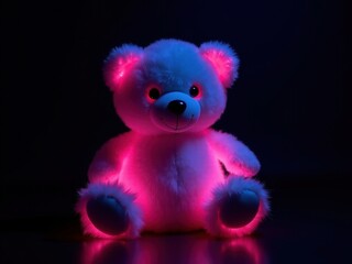 Fototapeta premium neon Pink teddy bear with glowing eyes sits on a dark surface. The bear is lit up
